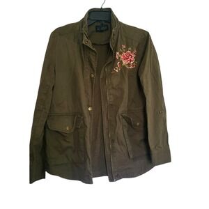 Sweet Wanderer Women Army Green Full Zip Floral Snap Button Utility Jacket Small